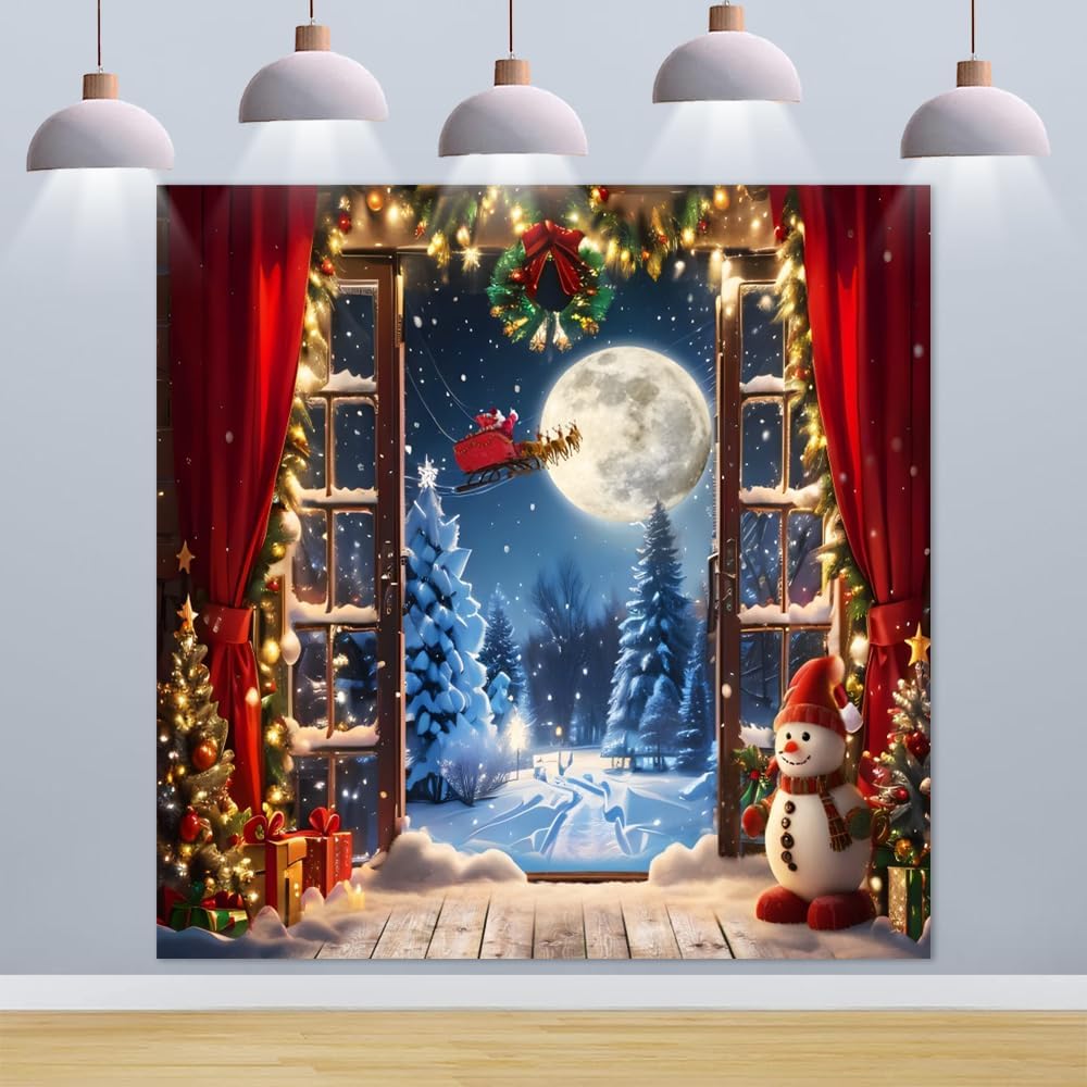 Christmas Photography Backdrop 12x10ft - Winter Forest Window Scene With Santa, Snowman & Snowflakes