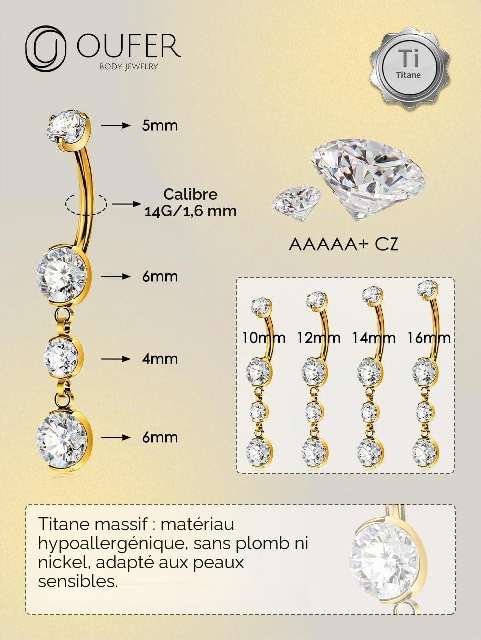 OUFER Body Piercing Internally Titanium 10/12/14/16mm Belly Button Bars Gold Dangle Navel Piercing Jewellery 14G Belly Bars Belly Button Ring Clear CZ Nave Bars Piercing Jewellery