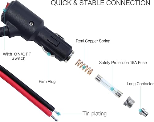 Miniatura 8 de Enchufe de encendedor de cigarrillos de 12 V con interruptor de encendido y apagado, 6 pies, 16 AWG, fusionado, 15 amperios, enchufe macho de