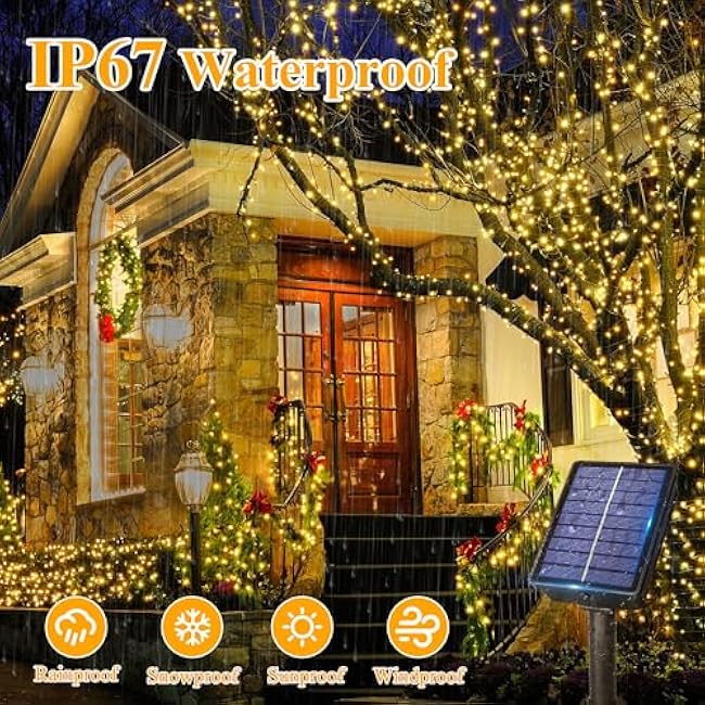 Ollny Solar String Lights Outdoor, 66FT 200LED Solar Fairy Lights with 8 Modes, Waterproof Fairy Light for Outside Yard Garden Patio Camping Party Wedding(Warm White)
