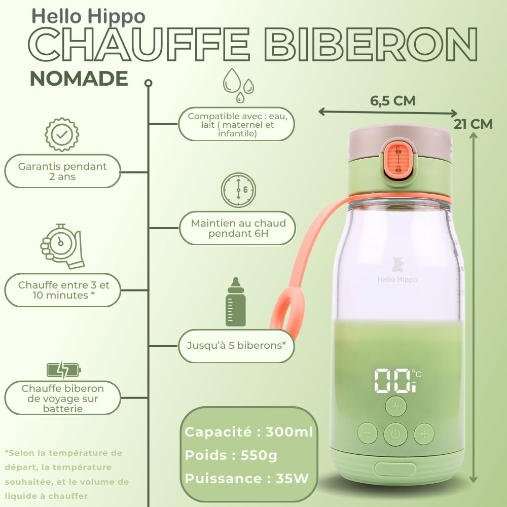 Chauffe-Biberon Nomade 300 ml – Sans Fil, Batterie Rechargeable USB, Voiture – Température Réglable 37-50°C avec Maintien au Chaud – Graduation 30 ml – Idéal pour Lait et Eau en Voyage