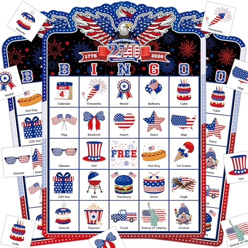 Joy Bang 250 Anniversary USA Bingo Card Games for Kids Adults Celebrate America 250 Years Game Merchandise 4th of July Bingo Game Patriotic Crafts Activities Party Favors Supplies