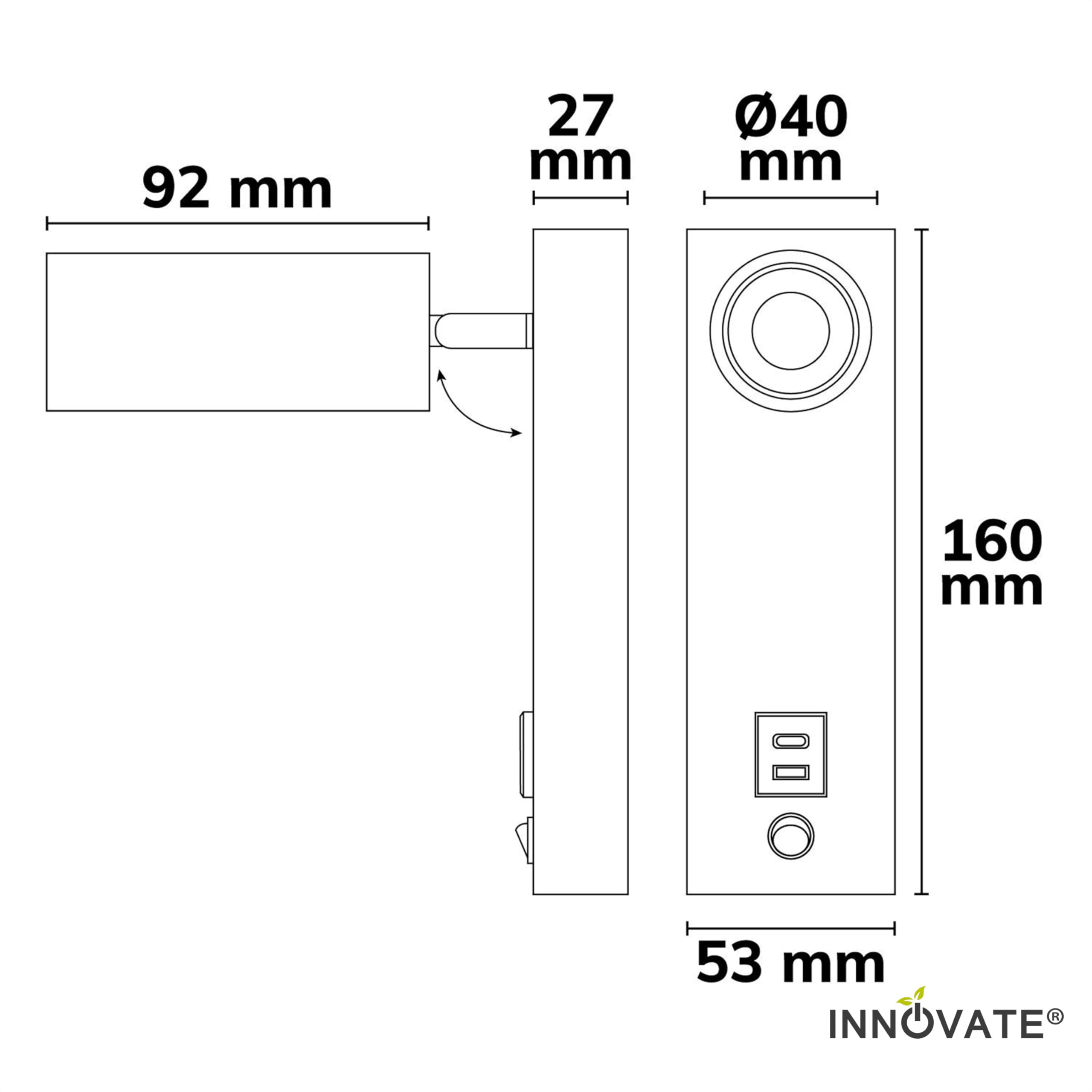 INNOVATE Leselampe Bett Nachttischlampe USB Ladefunktion [270 Lumen 4.5W 3000K] LED Wandleuchte innen Schalter I Bettlampe Wandmontage Schlafzimmerlampe Leselicht I LED Bettleuchte USB-C und -A