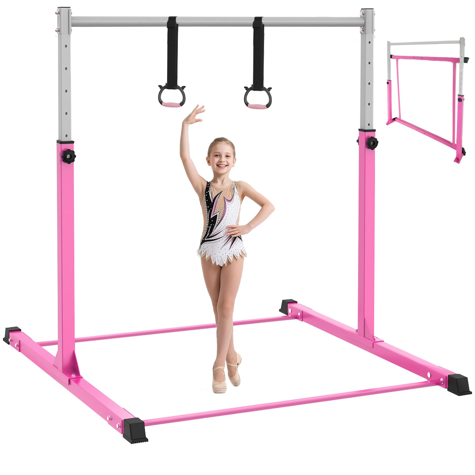 Safly Fun Gymnastics Bar for Kids Ages 3-15 for Home - Steady Steel Construction, Anti-Slip, Easy to Assemble, 3' to 5' Adjustable Height