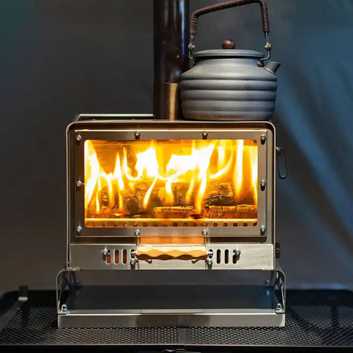 Réchaud de camping portable – Cheminée à bois en acier inoxydable avec grille de feu, idéal pour le chauffage de la maison, le barbecue, la randonnée et la pêche sur glace