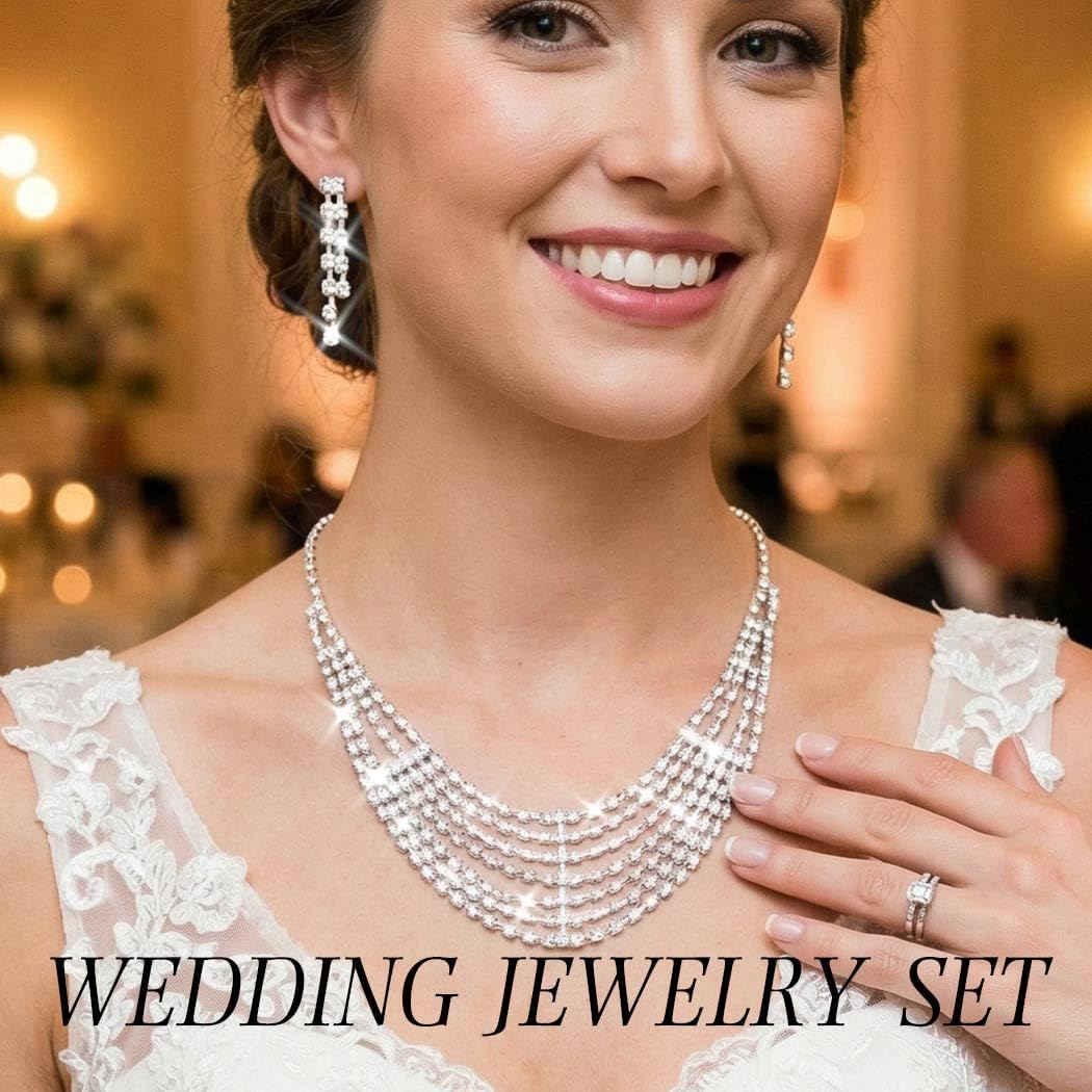 TWINKLEDE Rhinestone Necklace Jewelry Set Silver Wedding Bridal Necklace and Earrings for Women - Image 2