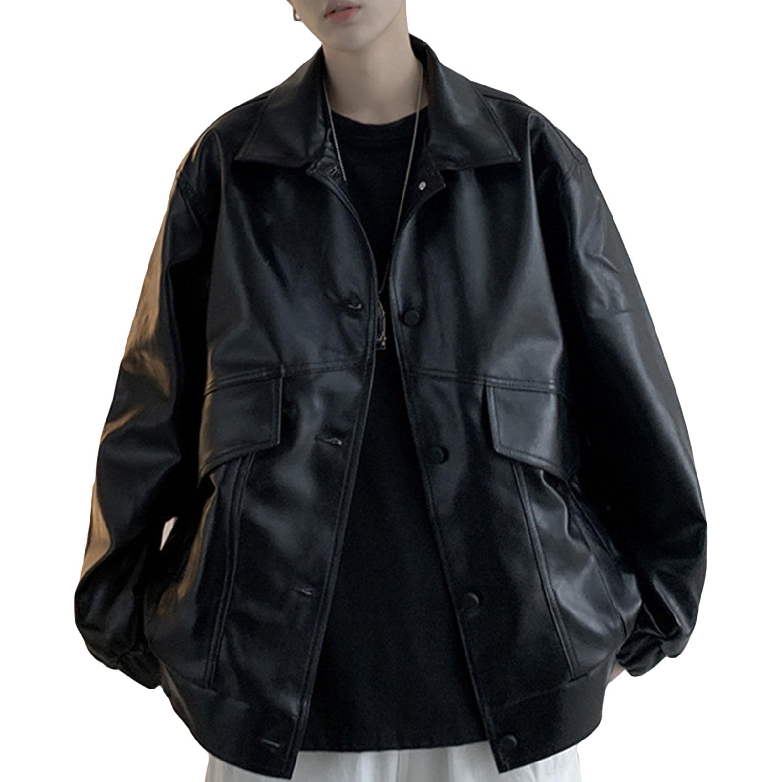 Maiyifu-GJ Mens Faux Leather Jacket Zip-Up Motorcycle Bomber Coat Black Biker Lightweight Outwear With pocket (Black,Medium)