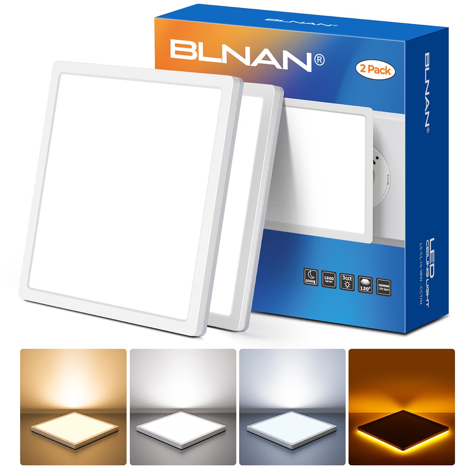 BLNAN 2Pack LED Ceiling Light, 18W 1800LM Ceiling Lamp, 4W Warm Night Light, 3000K/4000K/5000K Ceiling Light for Bedroom Kitchen Balcony Basement Bathroom Hallway, Square White 22CM