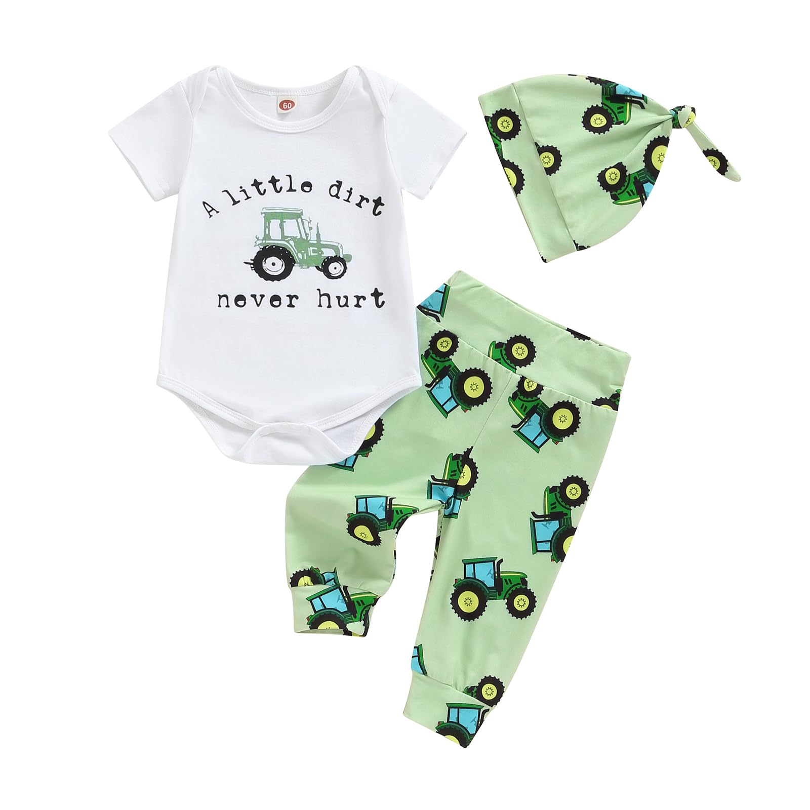 Ayalinggo Baby Boys 3Pcs Farm Clothes Short Sleeve Tractor Print Romper + Pants + Hat Set Newborn Clothes (White&Green, newborn)
