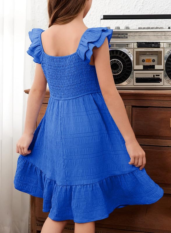Girls Summer Dresses Cute Double Layer Ruffle Sleeve Smocked Flowy Dress 6-15 Years3