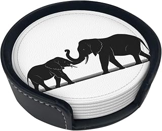 (Old Elephant and Young Elephant) Printed Leather Coaster Set of 6 with Holder, Round Heat-Resistant Drinks Coffee Decorative Coaster for Living Room Kitchen Office Table. 3.9 Inch