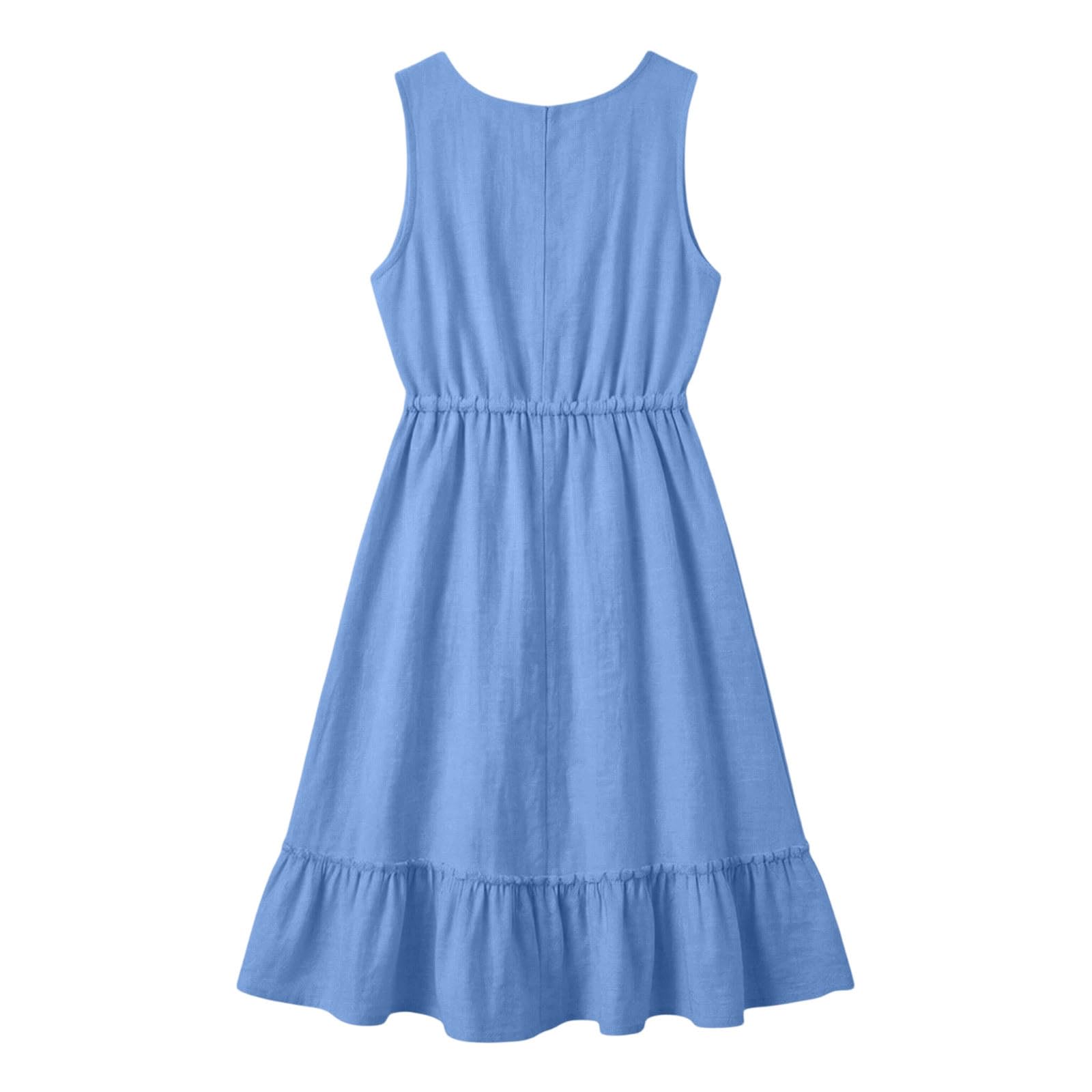 Musselin Kleid Damen, Kurz Leinenkleider Midikleid Strandkleid Luftig Kleider Mit Rüschen Saum Taillenband Ärmellose V-Ausschnitt Trägerkleid Freizeitkleid A Linien Wickelkleid Leichtes Sommerkleid