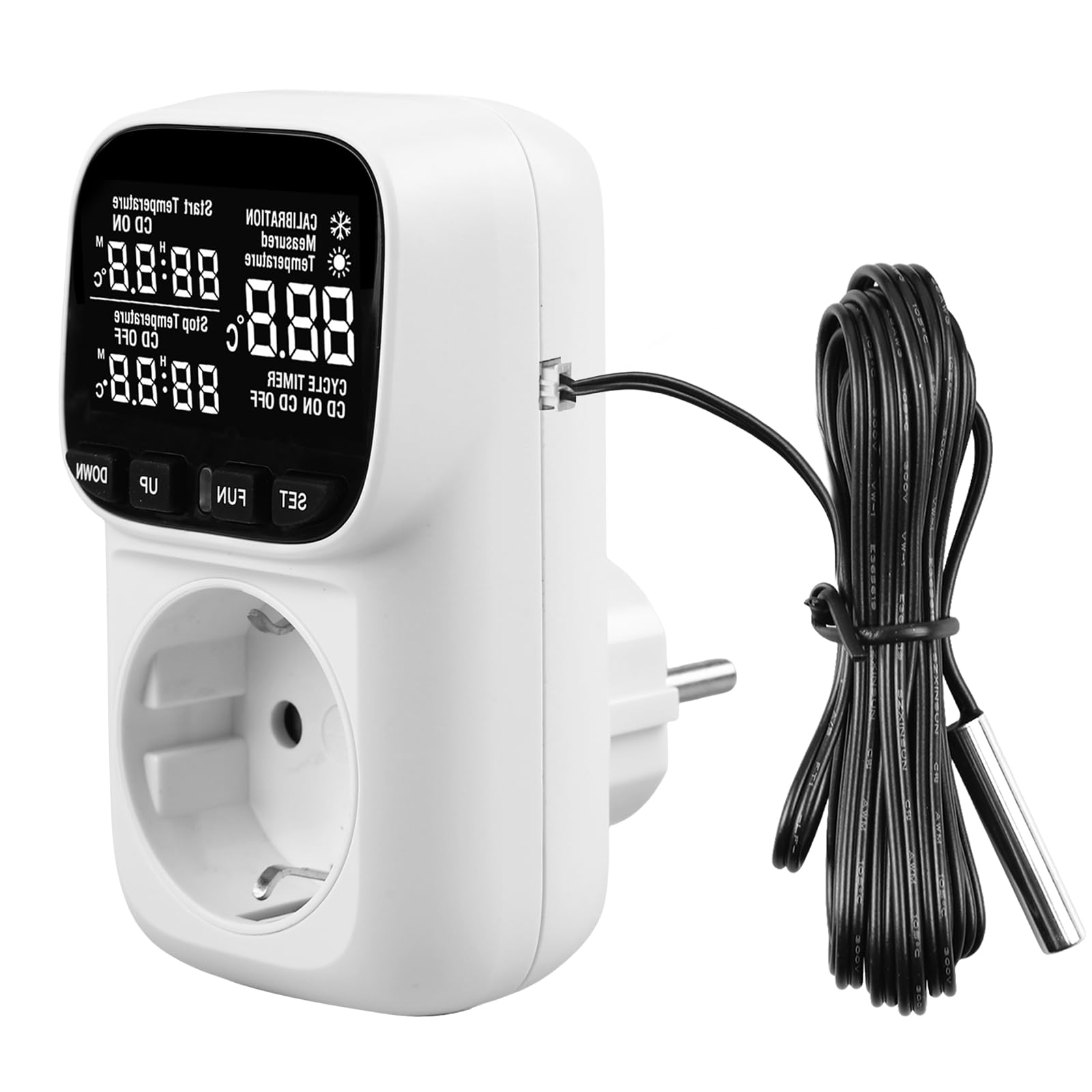 Regulador de temperatura digital 230 V con sensor, calefacción, refrigeración, termostato, toma de corriente, interruptor de temperatura con temporizador, alarma para invernadero, acuario, terrario,