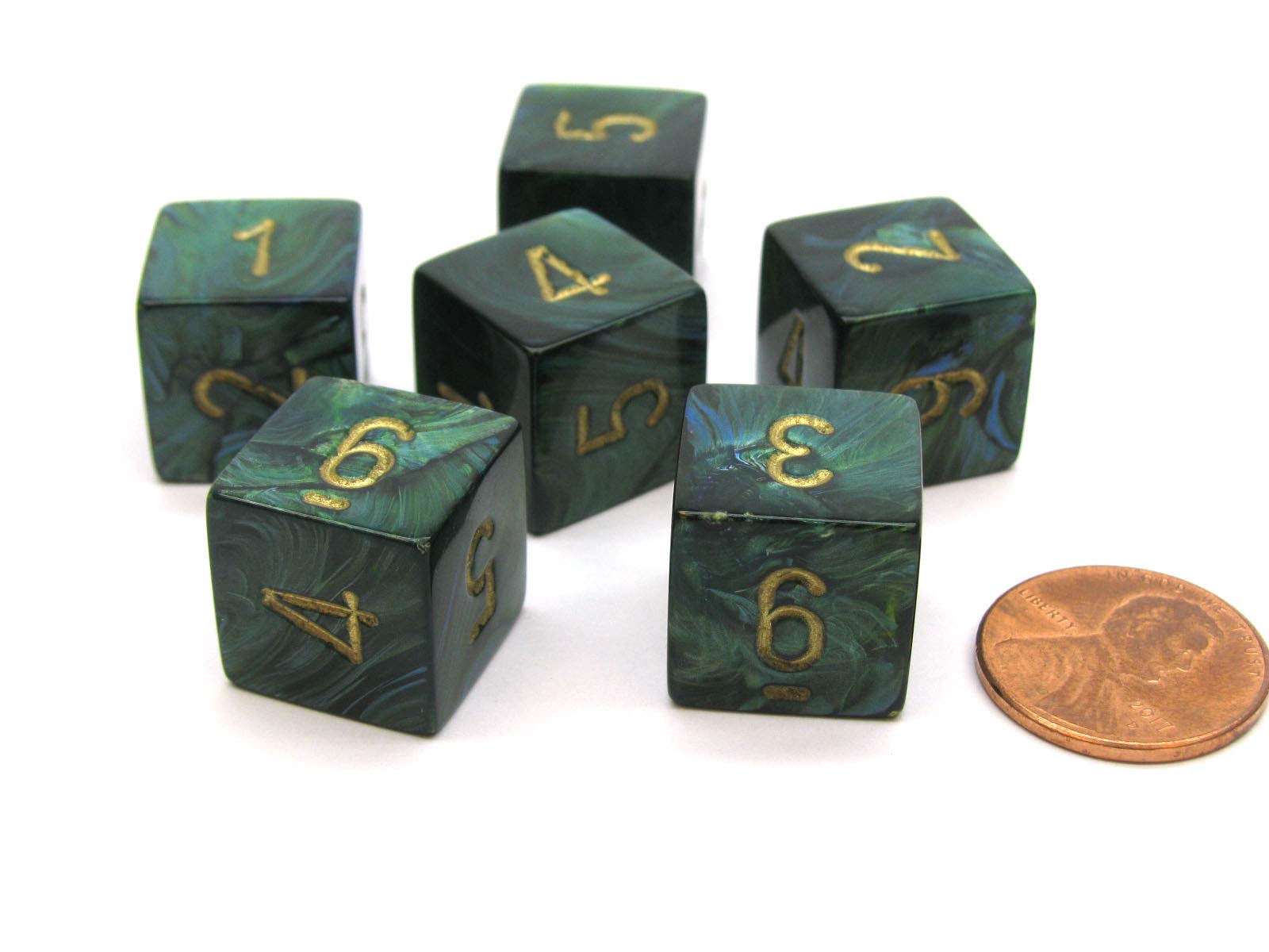 Chessex Scarab 15 mm 6-seitige D6 nummerierte Würfel, 6 Stück, Jade mit goldenen Zahlen