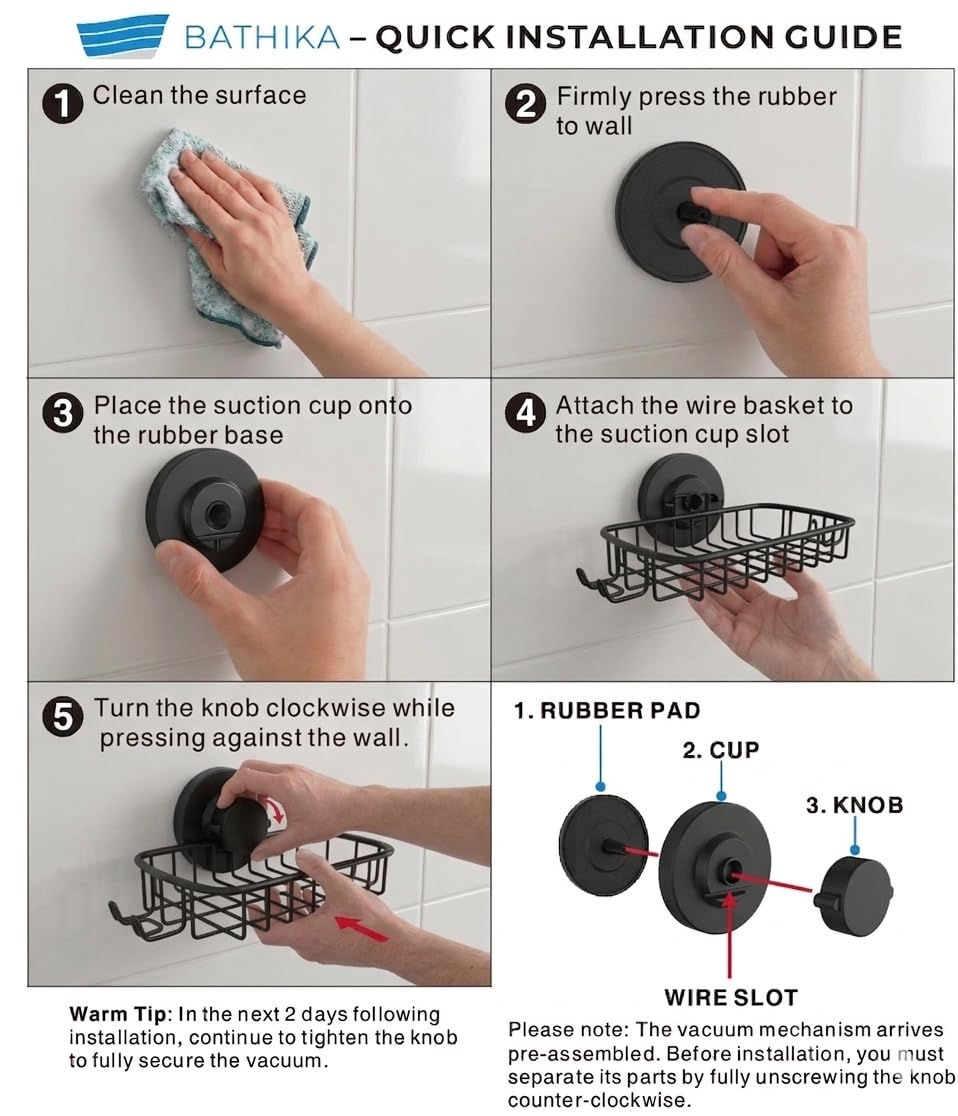 Jabonera para ducha, potente sistema de vacío, cesta de acero inoxidable 304 con ganchos de afeitar, soporte para jabón de baño o cocina (negro)