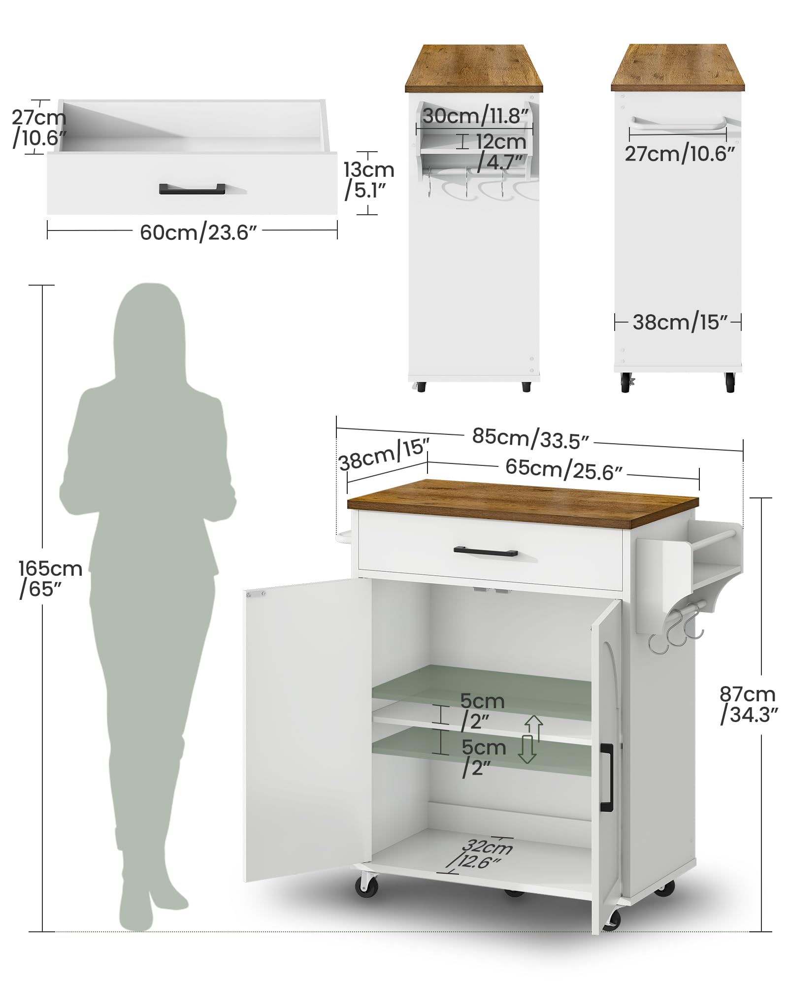 CHOEZON Isola da Cucina Mobile Stile Rustico, Mobile da Cucina con Rotelle con Contenitore, Carrello di Servizio con Cassetto e Ganci, Ripiano Porta Spezie, Bianco e Marrone Noce DMZD05WL
