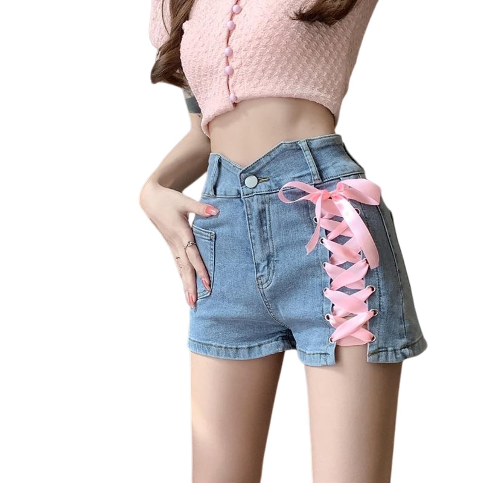 Shorts Jeans Donna Rosa Croce Denim Cravatta Pantaloni Decorativi Femminile Estate Alta Vita Sottile A-Line Abbigliamento Donna-Blue-s