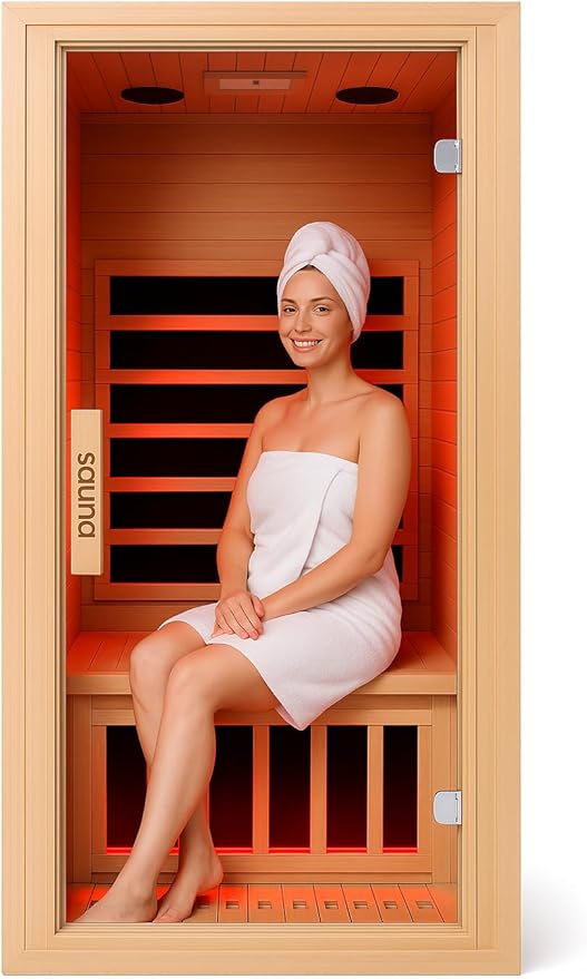 Infrared Home Sauna Room 1 Person Hemlock Wooden Indoor Dry Sauna，Low EMF 1200W/110V Heaters Panels,LCD Control Panel,10 Minutes Pre-Warm up,Time and Temp Pre-Set,1-Year Aftersale