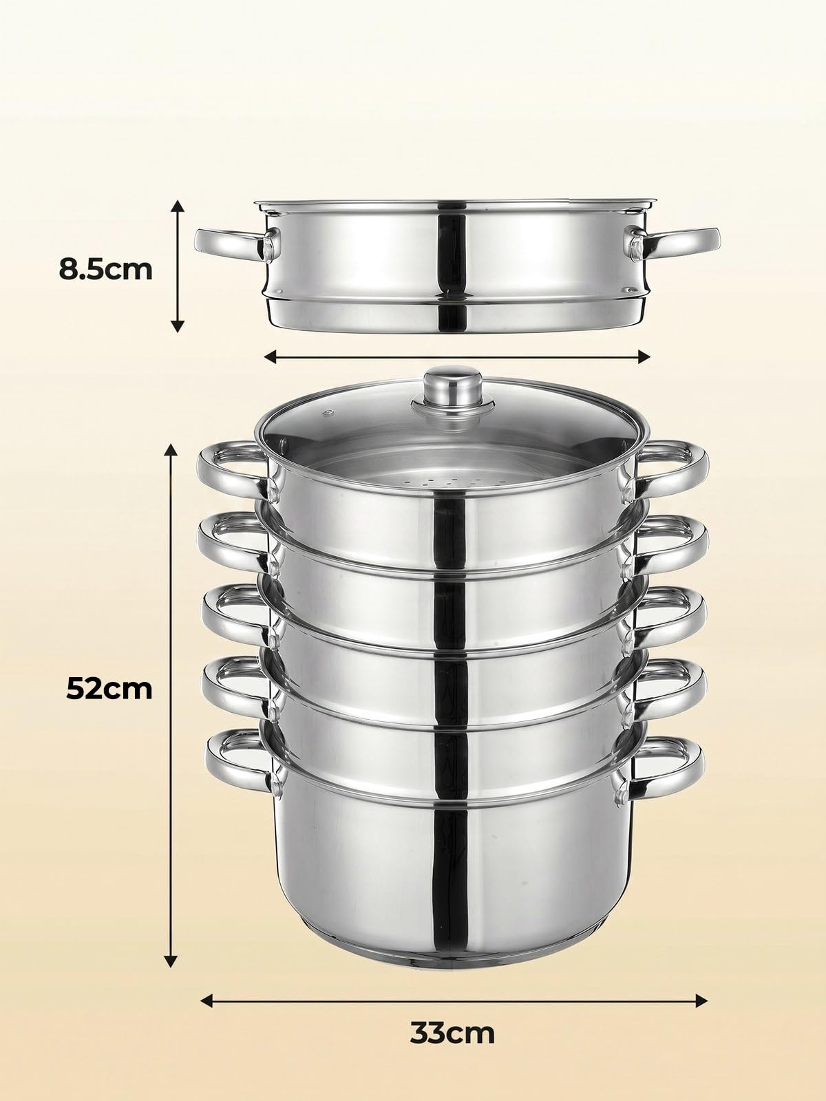Pentola a Vapore in Acciaio Inox, Cuocivapore, Pentola (5 in 1), Diametro 26 cm, con Coperchio in Vetro, Cuocivapore per Tutti i Tipi di Fornelli, Anche a Induzione, Argento