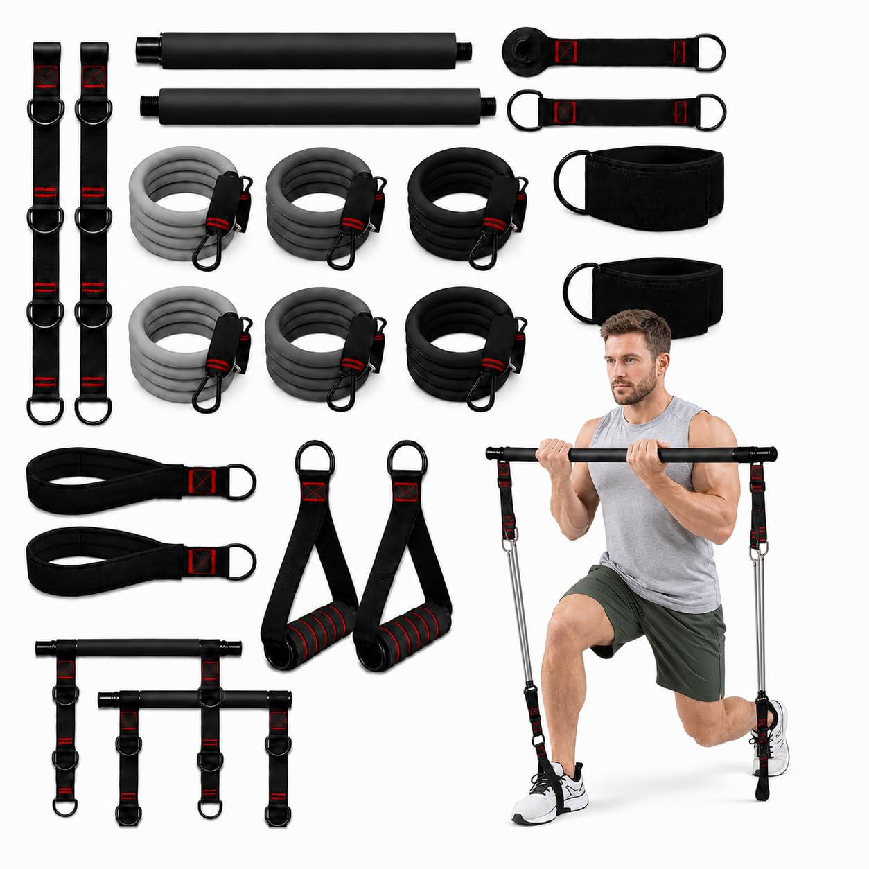 Pilates Bar Set with 6 Resistance Bands, 270lb Heavy Duty Home Gym Workout Kit