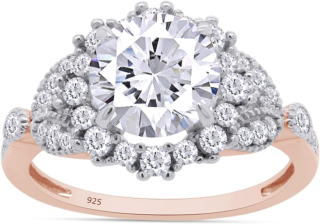 SAVEARTH DIAMONDS Round Shape 7MM Center Sparkling White Cubic Zirconia Leaf Shank Halo Solitaire Engagement Ring In 14k Gold Over Sterling Silver Birthday Anniversary