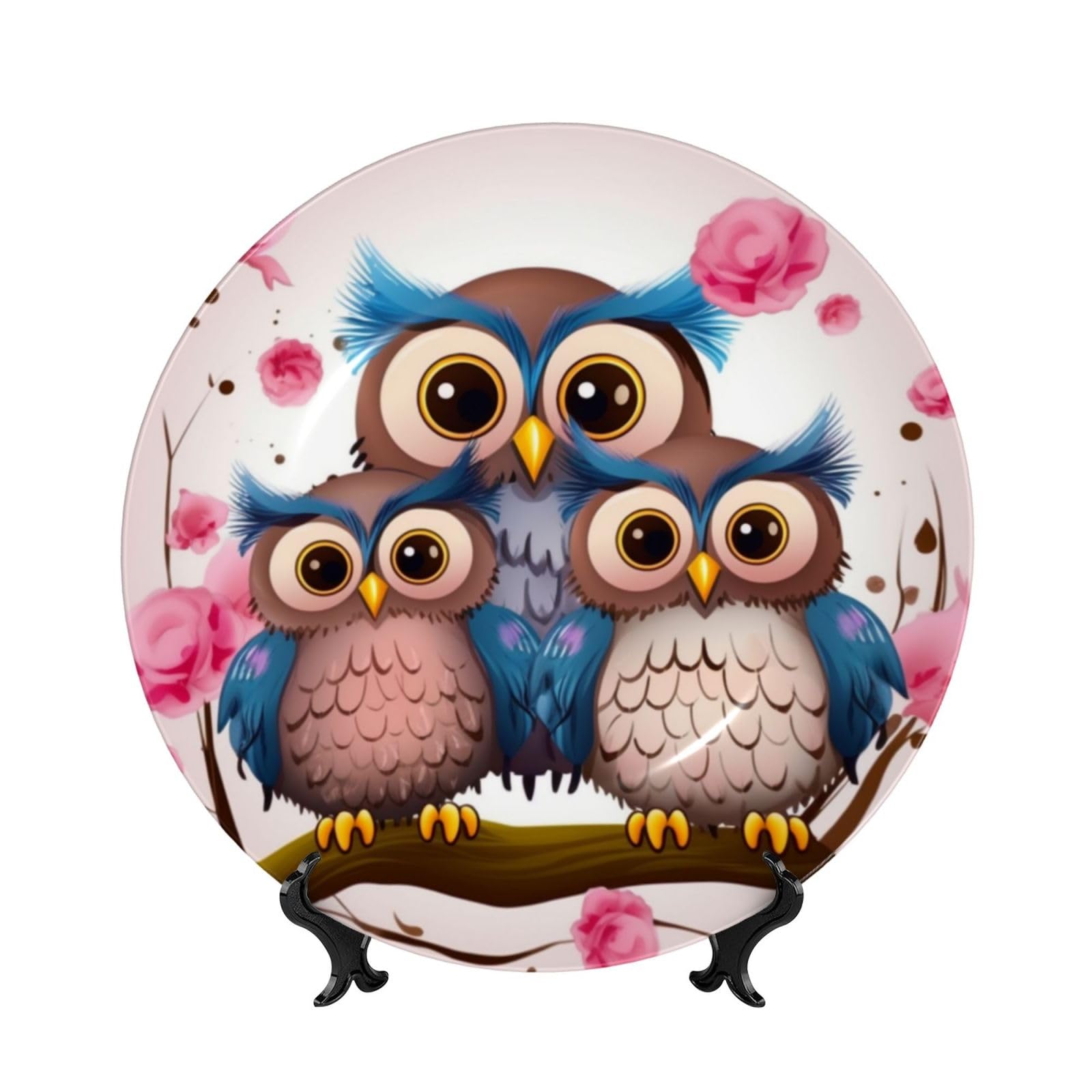 Assiette décorative porcelaine anglaise cadeau idéal fait main motif hiboux