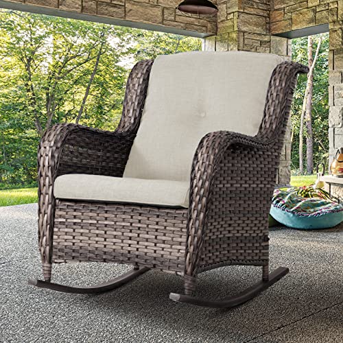 Meetleisure Outdoor Wicker Patio Rocking Chair - All-Weather Lawn Rocking Wicker Furniture With Alloy Steel Frame & Premium Fabric Cushion, Beige #TOP6