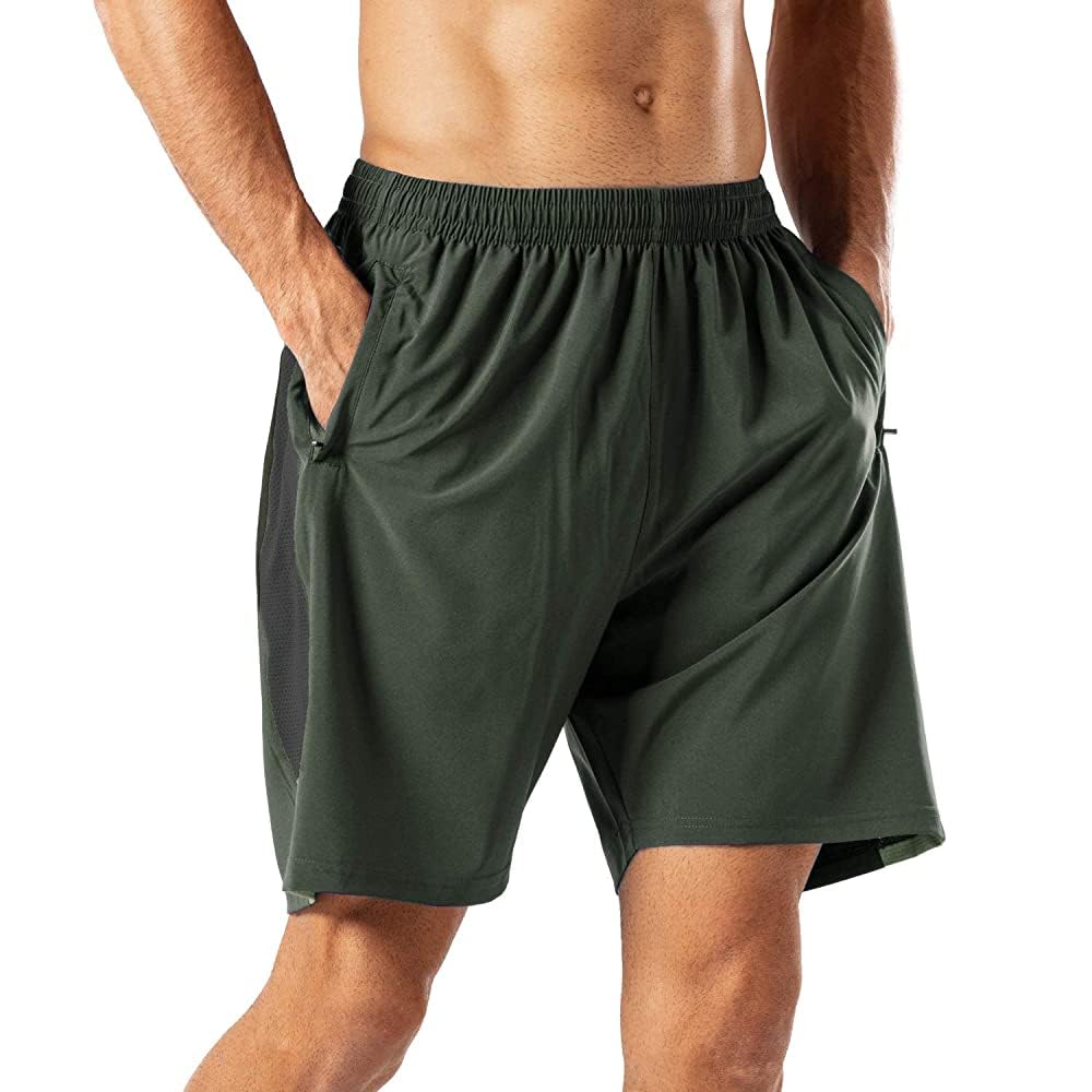 HMIYA Mens Casual Sports Quick Dry Workout Running or Gym Training Short with Zipper Pockets Army Green M