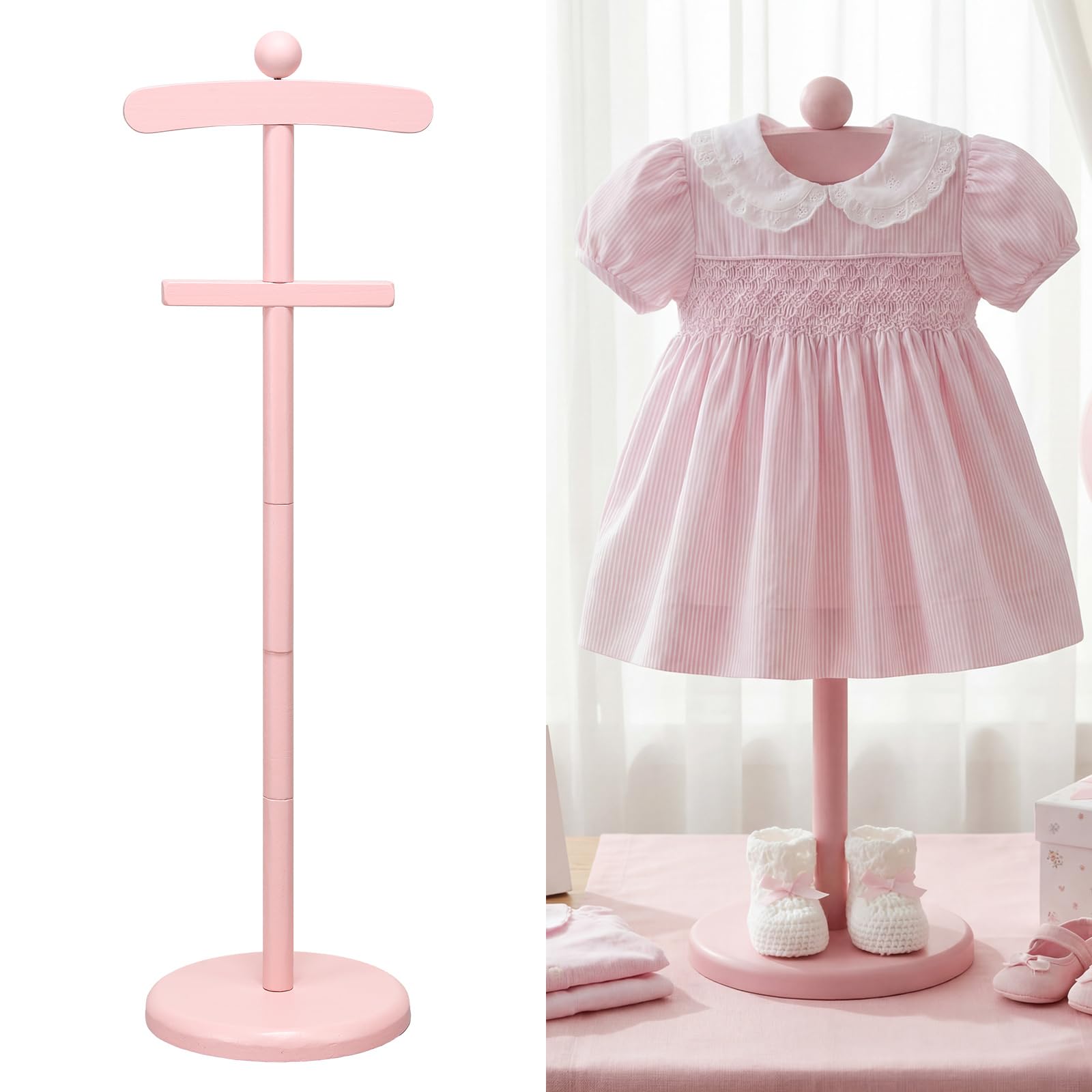 Photo 1 of Bucherry 1 Pack Baby Clothes Display Stand Wooden Baby Shower Centerpiece Adjustable Height Circle Shaped Dress Hanger Doll Dress Outfit Stand Rack Hand Assembled Hangers Display Set (Pink Color)