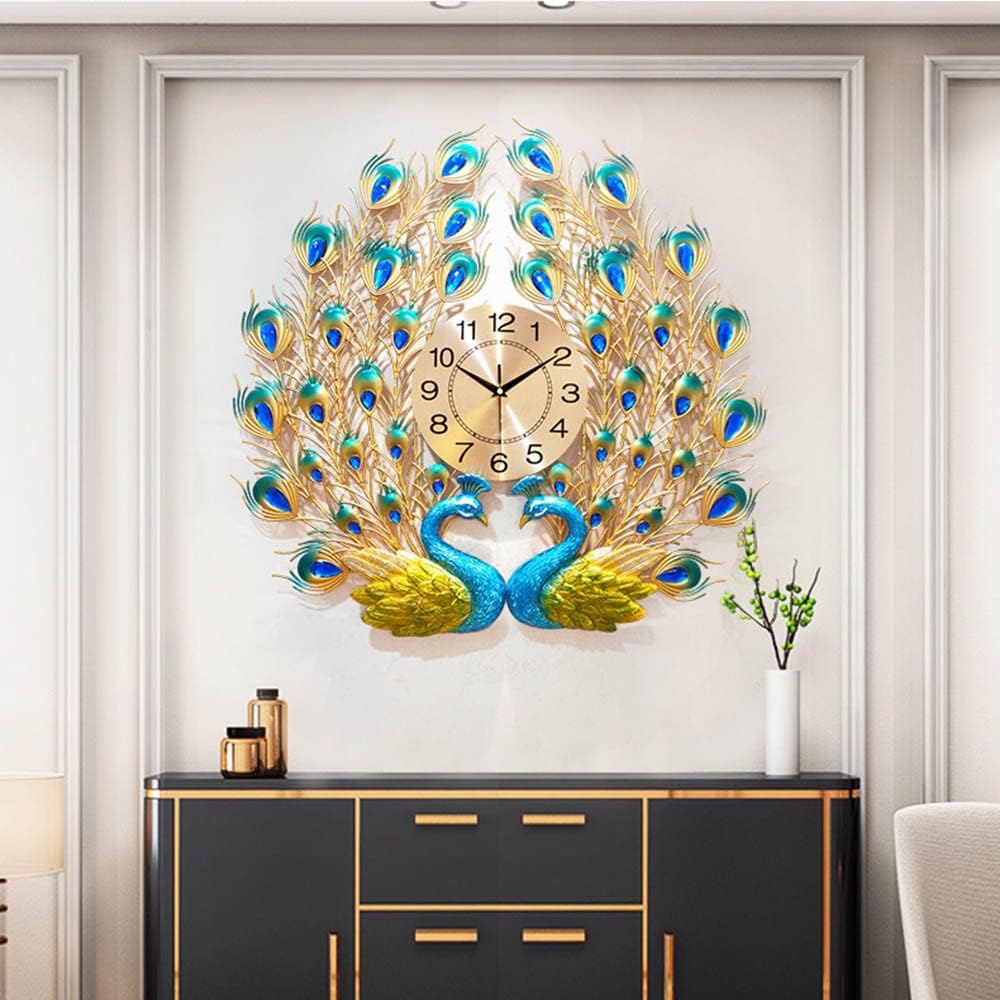 Large Peacock Wall Clock 27.6 inch Non-Ticking Silent Crystal Creative Personality Modern Art Decorative Wall Clocks for Living Room Decor (27.6 * 27.6inch, Yellow)