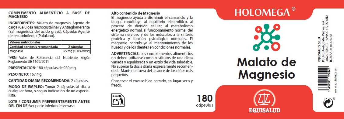 Equisalud - Holomega Malato de Magnesio 180 Cápsulas - Alta Biodisponiblidad, Favorece el Tránsito Intestinal y el Alivio de la Sensibilidad - Con Ácido Málico