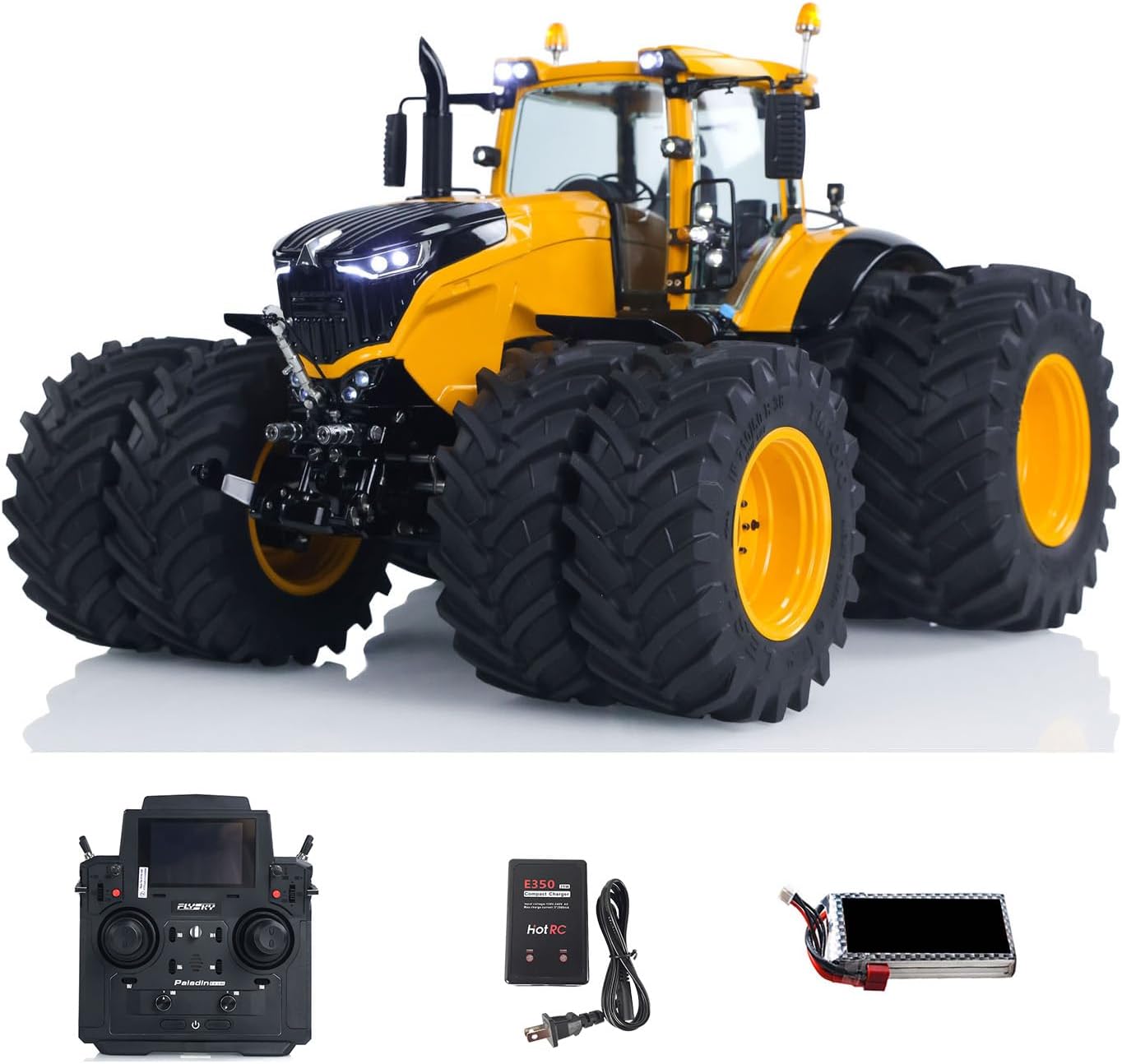 Front-side view of the LESU 1/14 RC Hydraulic Tractor, highlighting its robust double wheels and detailed design.