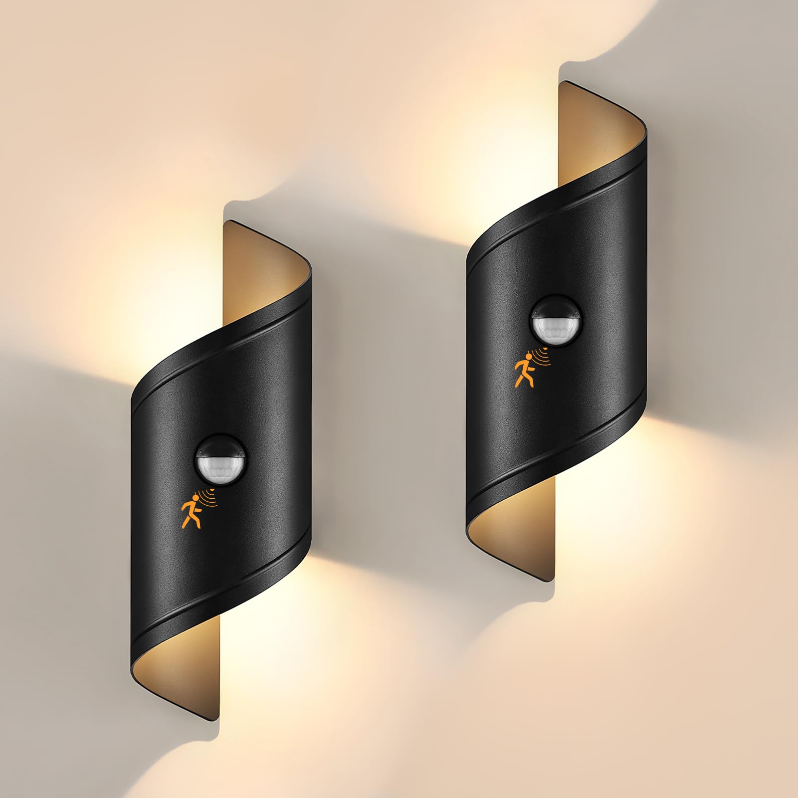 YindaLux LED Lampe d'extérieur Avec Détecteur de Mouvement, Applique Intérieure Noire 14W, éclairage Extérieur IP65 étanche 3000K Blanc Chaud, Applique Murale d'extérieur pour Balcon, 2 Pcs