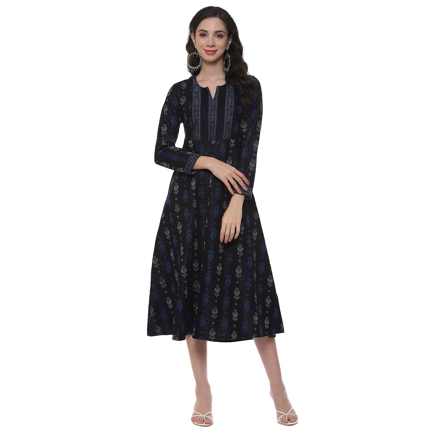 Rangriti Black Cotton Blend A-Line Printed Dress for Women in black