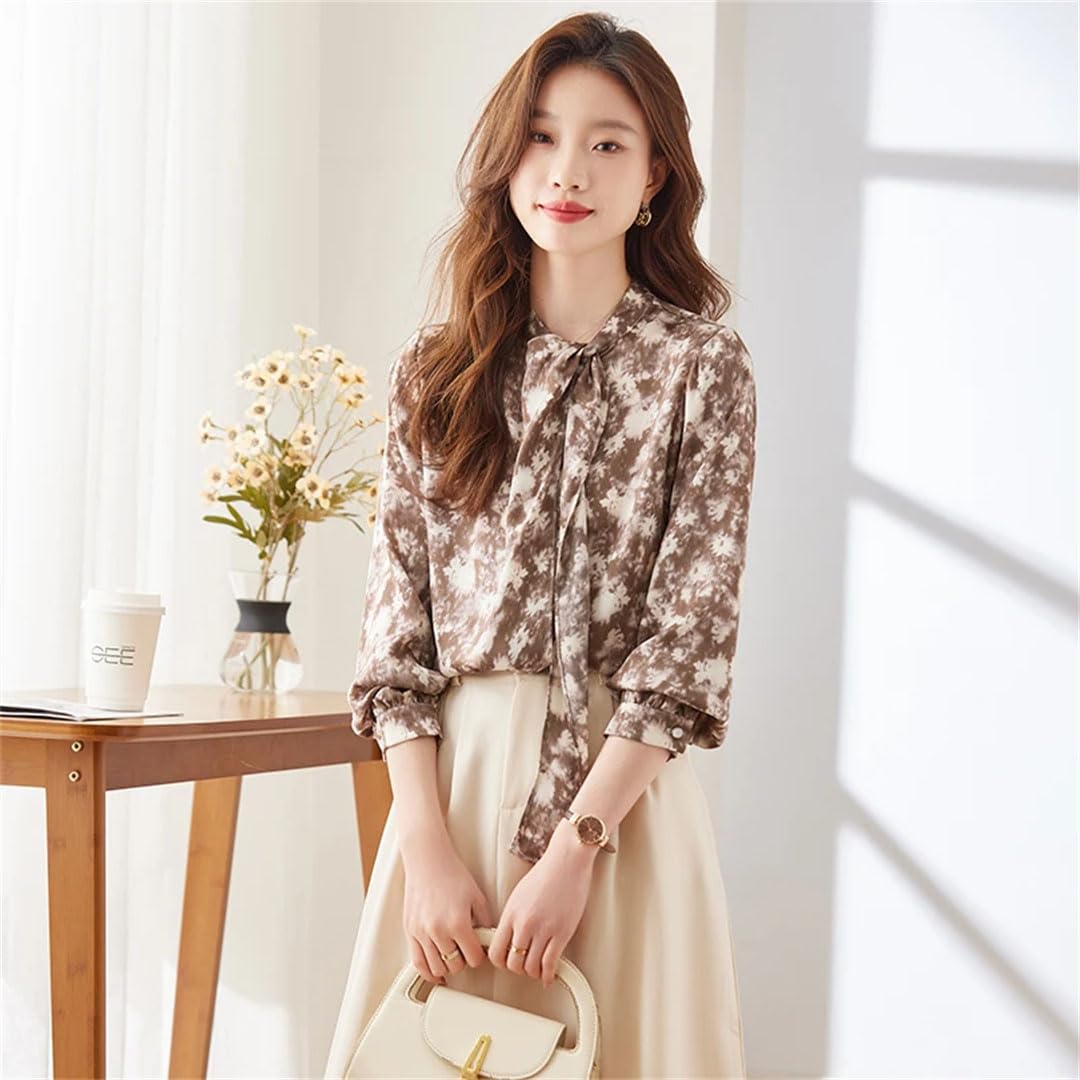 Elegante blusa de gasa estampada de manga larga para mujer, cuello redondo, con cordones