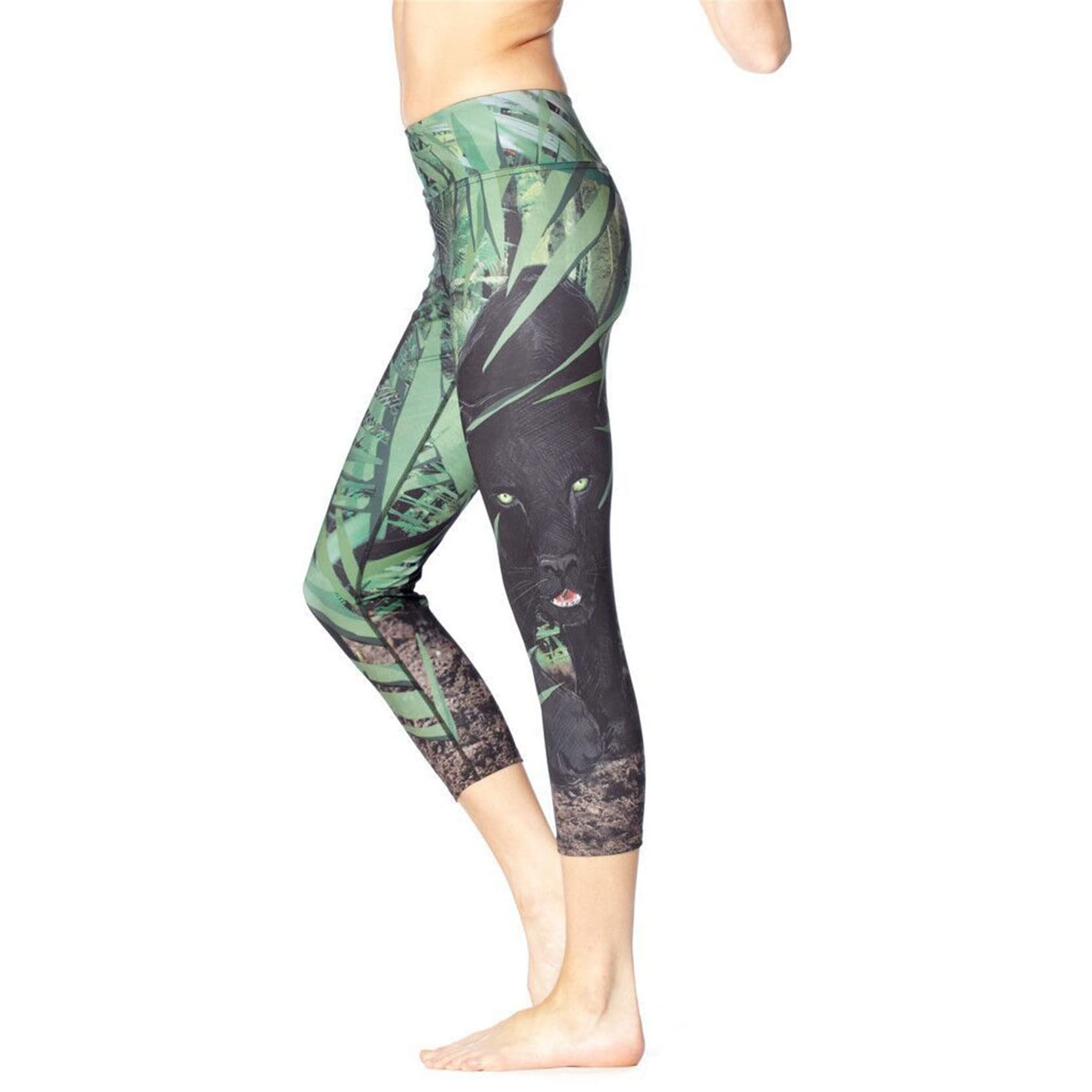 Damen Leggings Laufhose Fitness Yogahose, Damen Hohe Taille Dschungel Panther Print Capri Leggings Strumpfhosen Bauchsteuerung 3/4 Länge Skinny Yoga Hosen Stretch Croppte Hose Sports Running Workout H