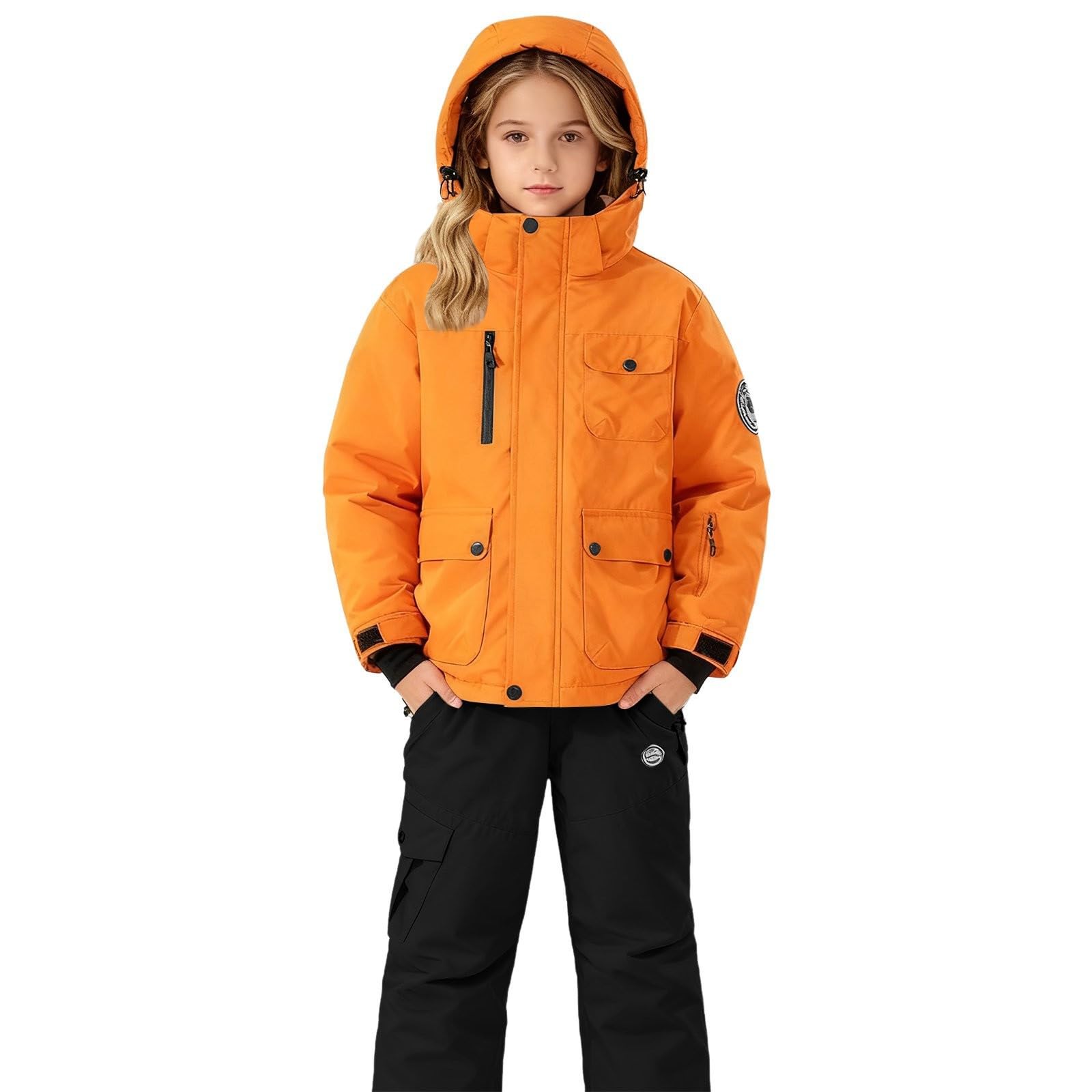 Generisch Traje de esquí para niños, traje de nieve monocolor, chaqueta de plumón con capucha + pantalones de esquí, juego de ropa de invierno de 2 piezas, traje de invierno grueso, resistente al