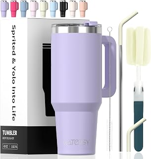 Watersy 40 oz Purple Tumbler with Handle & Straw - Double Wall Stainless Steel Insulated Mug Keeps Cold 34 Hours
