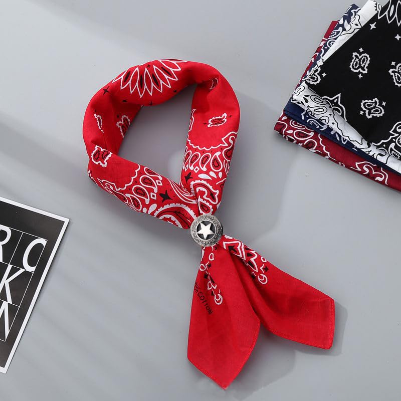 27.5 * 27.5 inches Oversize Bandana Scarf with Star Concho, Red Paisley Pattern, Handmade Leather Square Scarf Buckle Ring, Gifts for Men4