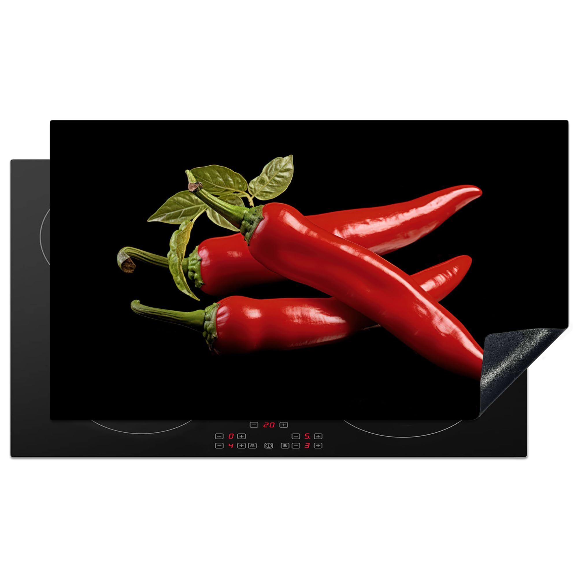 KitchenYeah© Induction Hob Protector Mat 20.8"x36" / 91.6x52.7 cm Cooker Top Protectors Cover Ceramic Covers Electric Hobs Vinyl Red Pepper - Red - Herbs - Spices - Black