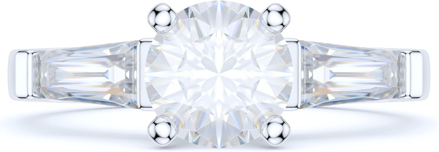 Sterling Silver Tapered Baguette and Round Brilliant Cut Simulated Diamond or Genuine Moissanite Three-Stone Promise Engagement Ring For Women