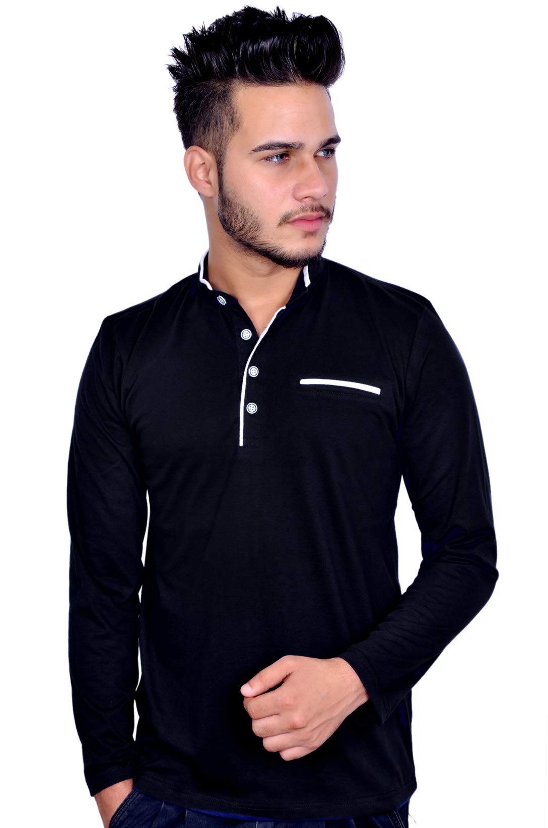 PEAK MOUNT Solid Men Mandarin Collar White and Black Full Sleeve Tshirt
