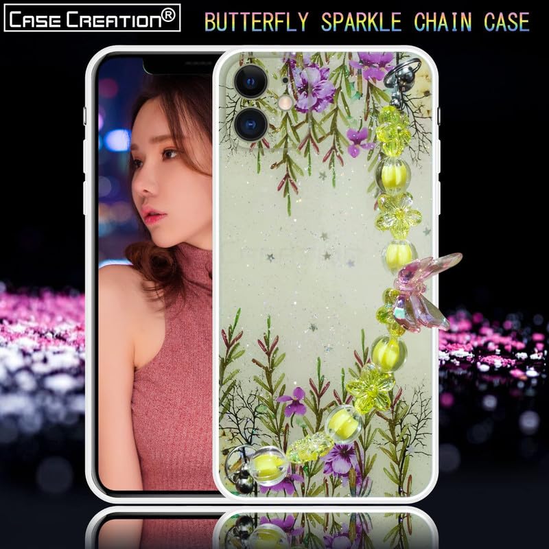 Image of COVERLY Back Cover for iPhone 12 Pro Glitter Luxury Chain Holder Case,Crystal Butterfly Flower Wrist Bracelet Pretty Strap Holder Soft Silicone Cute Full Protective Case for Apple iPhone 12 Pro