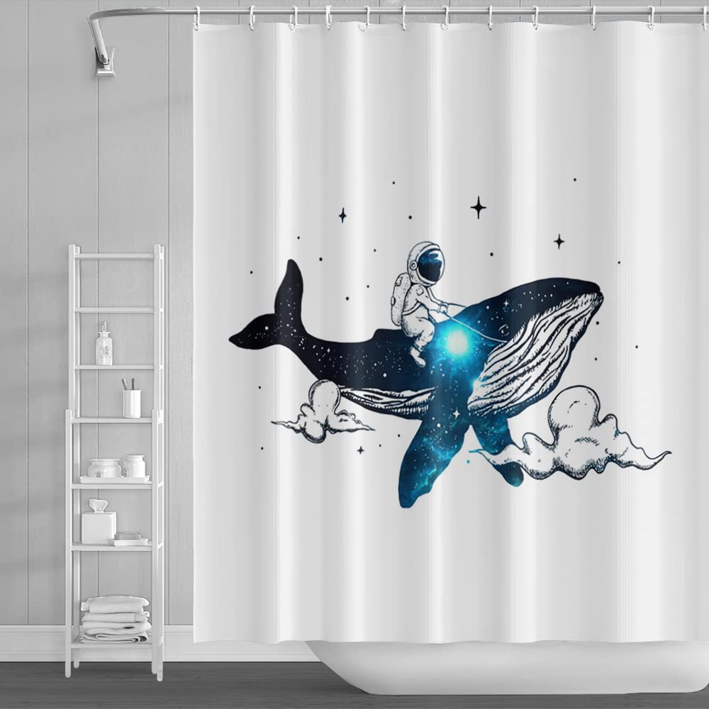 SDOTPMT 180x243cm Whale Shower Curtain Astronaut Riding Whale Universe Planet Bath Curtain Cute Spaceman White Bathtub Curtain for Boy Kids Bathroom Decor Fabric Polyester Waterproof with Hooks — image 1