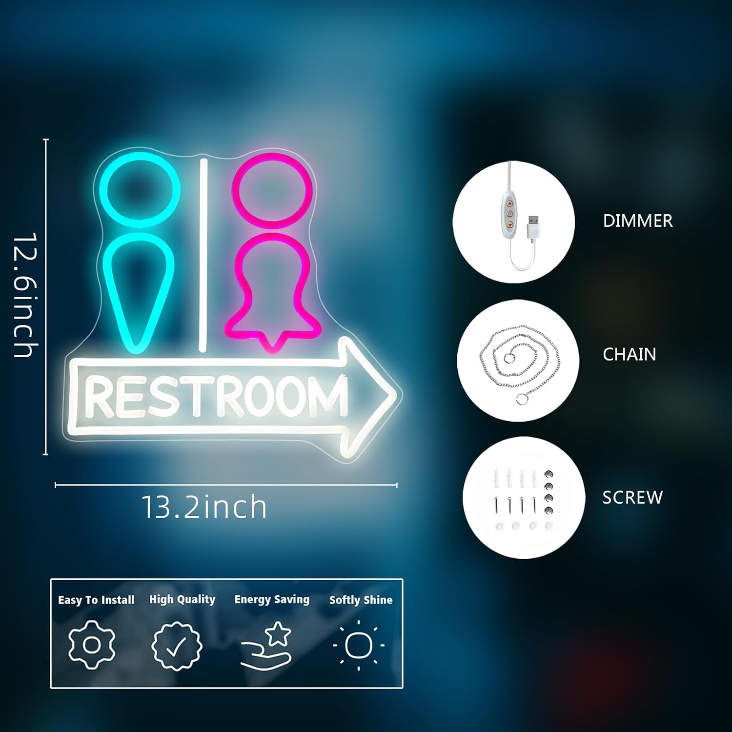 Restroom Neon Sign for Wall Decor Toilet Arrow Led Neon Lights Blue Pink 13.2''x12.6'' for Bar Cafe Restaurant Hospital Mall Store bathroom Decoration USB Powered Ultra Bright Dimmable