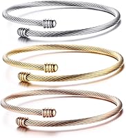 Vista 1 de Brazalete trenzado de acero inoxidable triple 3 con alambre de cable apilable para mujer, ororosaplata, Acero inoxidable