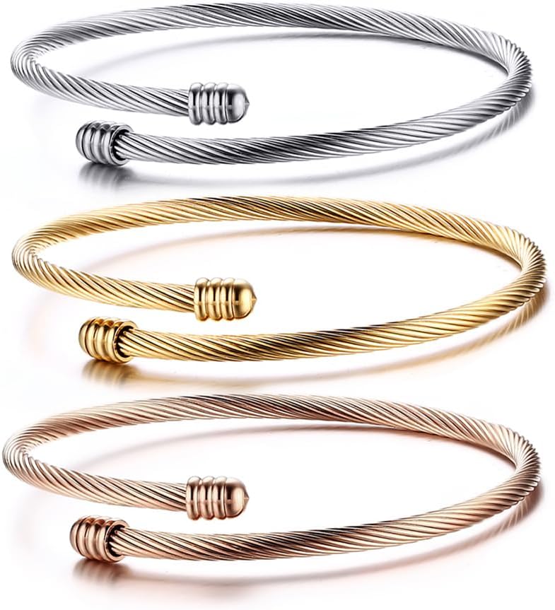 HUANIAN Stainless Steel Triple 3 Stackable Cable Wire Twisted Cuff Bangle Bracelet for Women, Gold/rose/silver