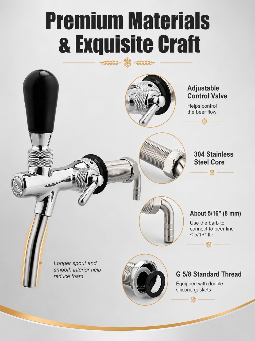 VOBOR Robinet à Bière Réglable, Filetage G5/8 Tireuse a Biere à Longue Tige Chromé, Accessoires de Brassage à Domicile pour la Maison Bière Bar Restaurants