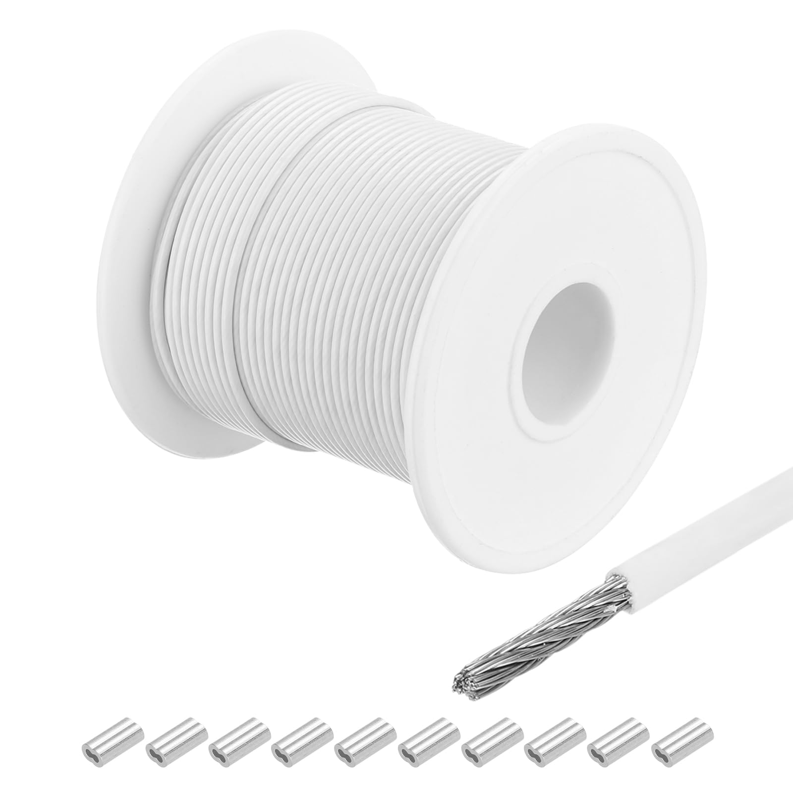 QUARKZMAN 328Ft (100 m) staalkabel roestvrij staal 304 3/64 inch (1,2 mm) vinylgecoat met vinyl gecoat met 30 stuks aluminium hulzen om op te hangen, optillen wit