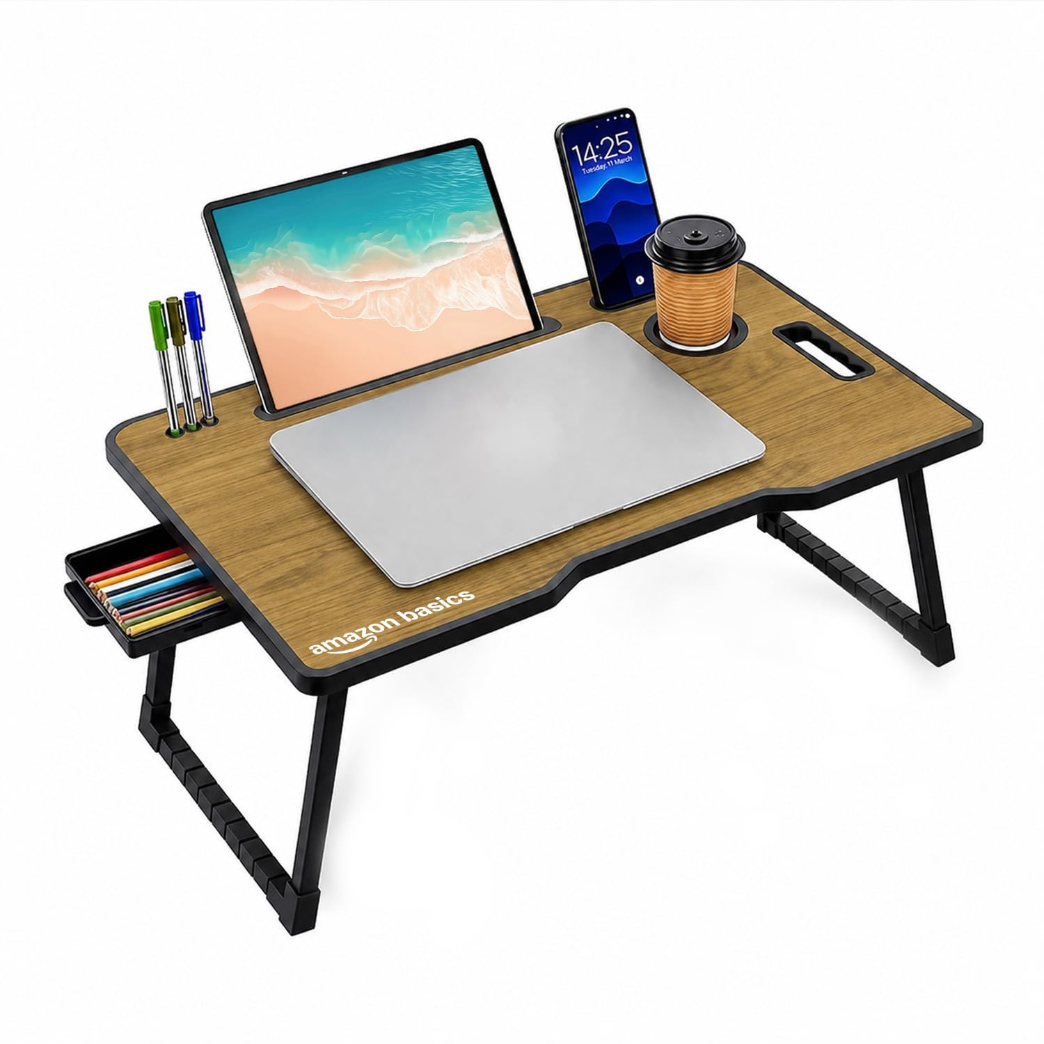 Amazon Basics Engineered Wood Foldable Laptop Table with Cup and Pen Holder, Tablet and Mobile Phone Groove | Mini Drawer, Use for Writing, Bed, Breakfast (60L x 40W x 25H cm, Brown)-image-45